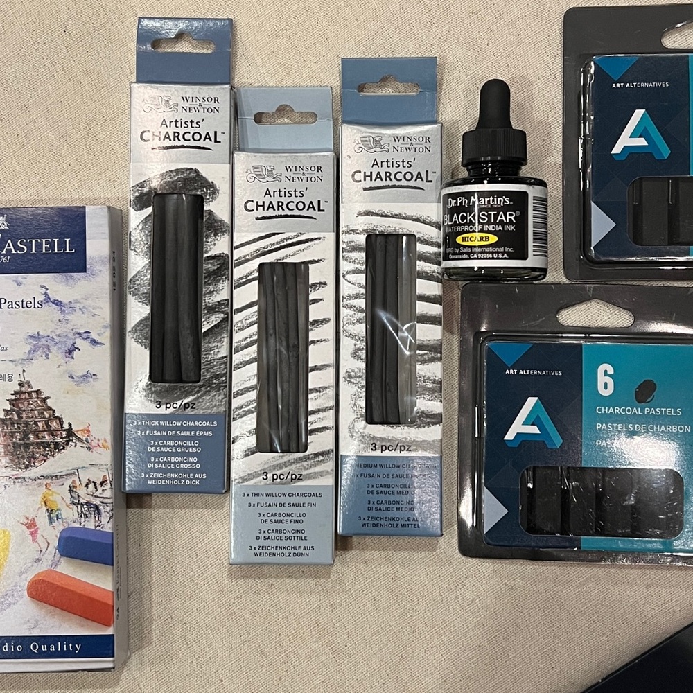 Art supplies 3 black charcoal sticks three sizes color pastel,  waterproof ink